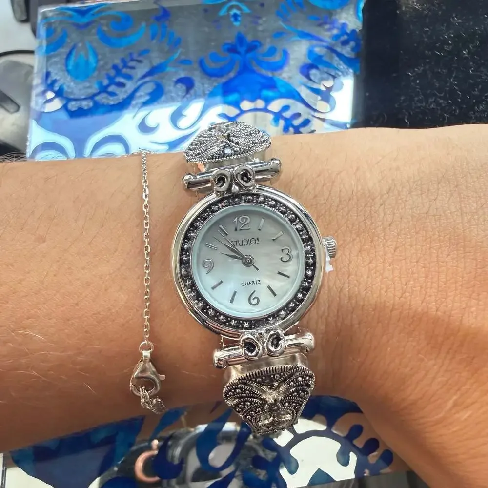 Studio Time Women's Silver-Tone Marcasite Mother of Pearl Dial Quartz Watch